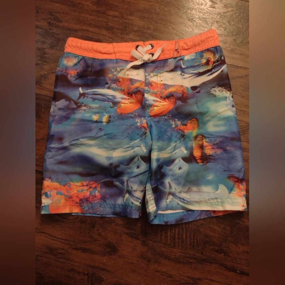 ZeroXposur Blue and Orange Swim Trunks with Abstract Design Size M-5/6.